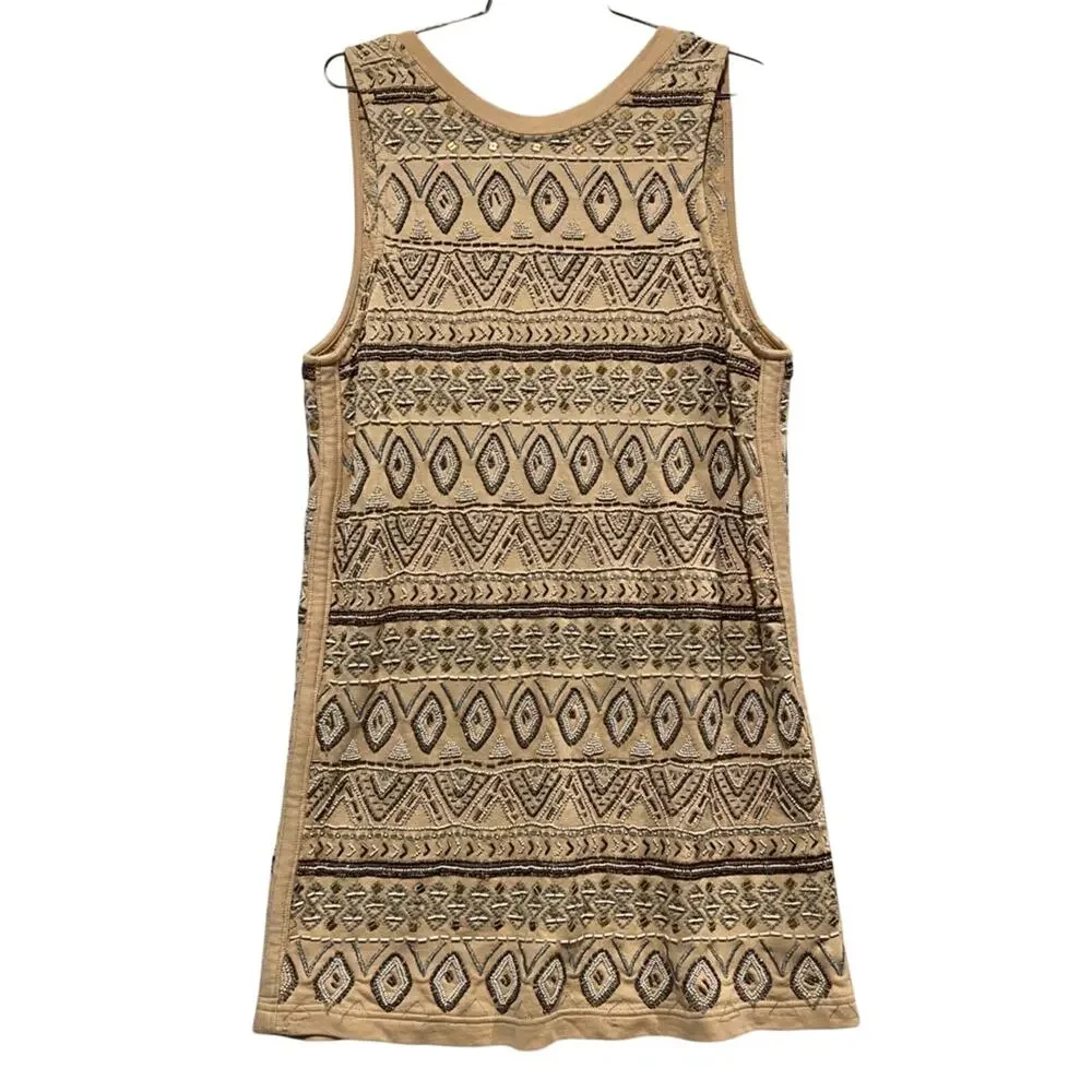 Free People Beaded Tunic Mini Dress Boho Embellished Geometric Tank Neutral